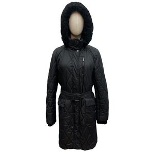 Lauren Ralph Lauren Quilted Coat Womens Large Black Faux Fur Hood Belted *Read